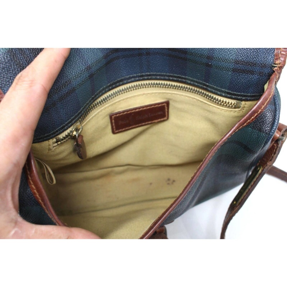 Polo Ralph Lauren Vtg Blackwatch Plaid Crossbody Bag Satchel Leather Canvas - Picture 8 of 9